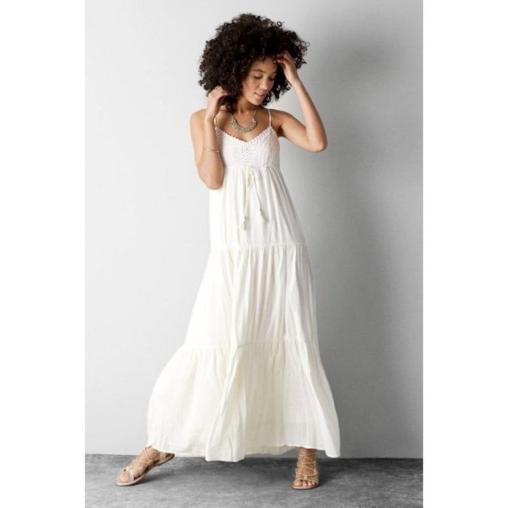 American Eagle Cream Crochet Tiered Maxi Dress